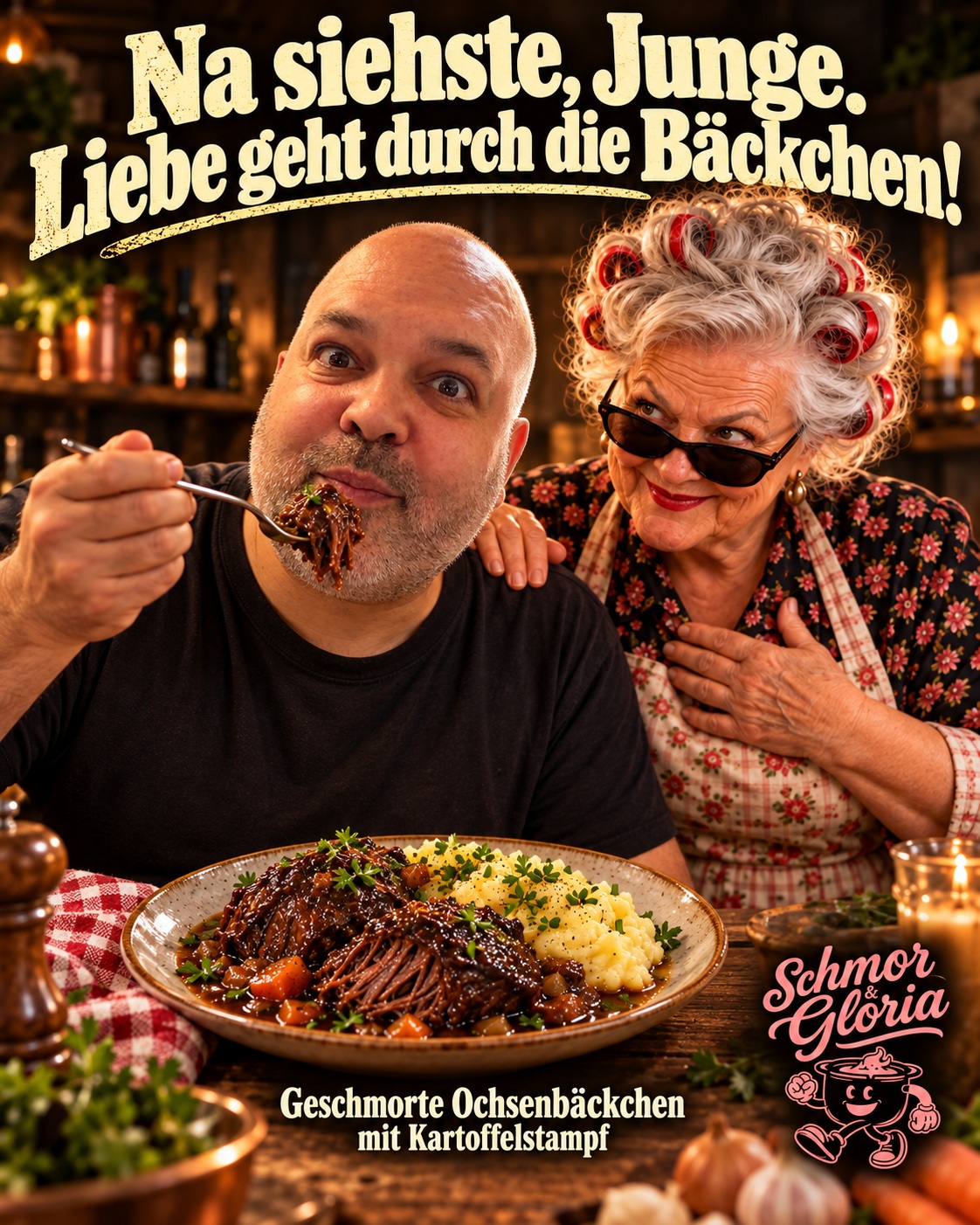 Christian genießt Omas geschmorte Ochsenbäckchen mit Kartoffelstampf. Die Oma mit Sonnenbrille freut sich herzlich. Na siehste, Junge. Liebe geht durch die Bäckchen!