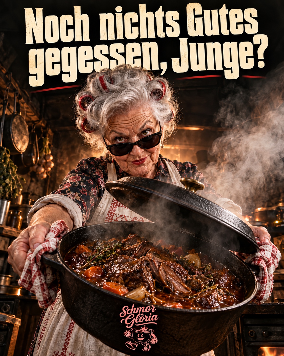 Freche Oma mit Sonnenbrille und dampfendem Schmortopf. Noch nichts Gutes gegessen, Junge?